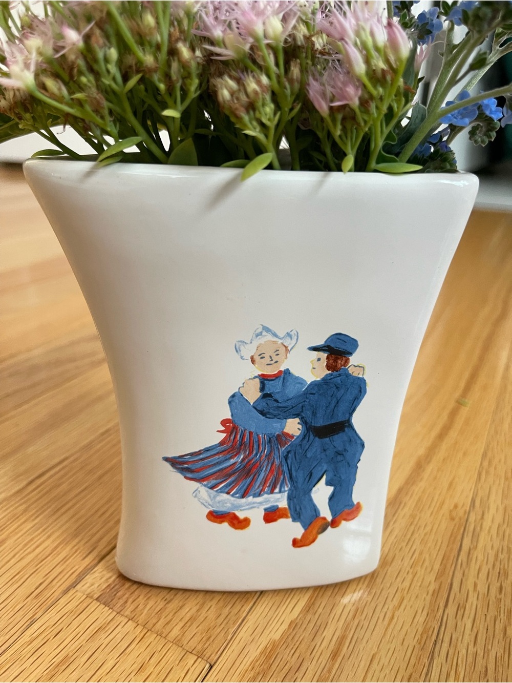 Dutch Holland America Ceramic Vase with Blue/Red Clog Dancers 5 1/2” x 4 1/2”